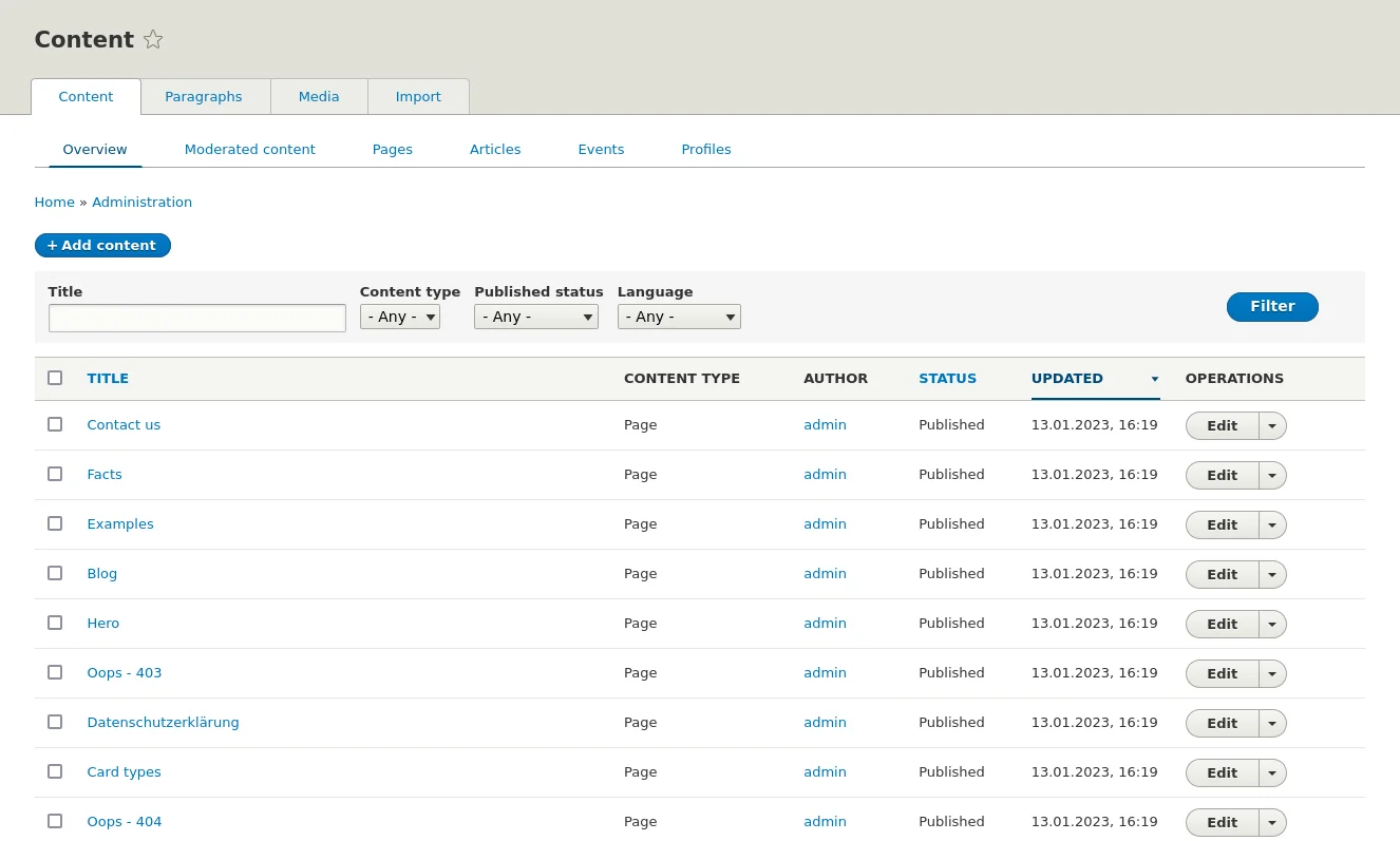 Screenshot von admin/content in Seven