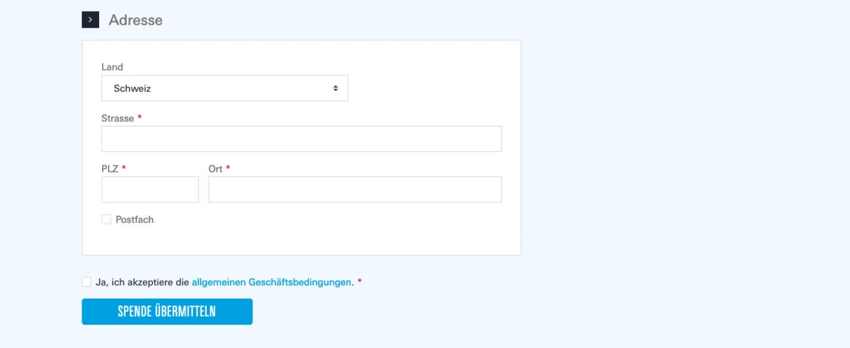 Adresse und Übermittlung Adresse mit Spende Übermitteln Button