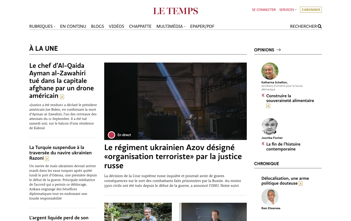 Screenshot Le Temps Frontpage 2. August 2022