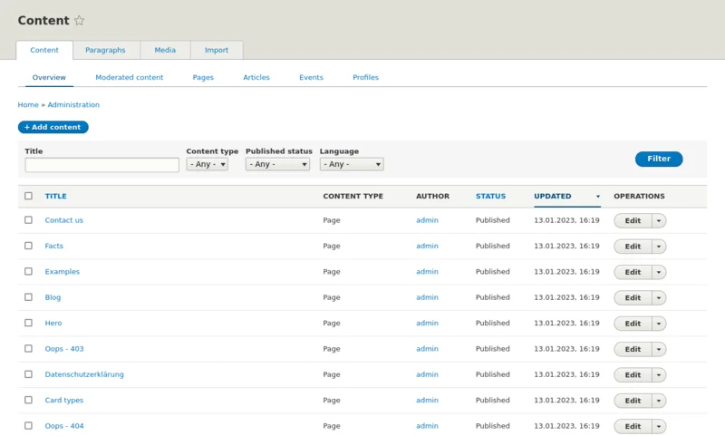 Screenshot von admin/content in Seven