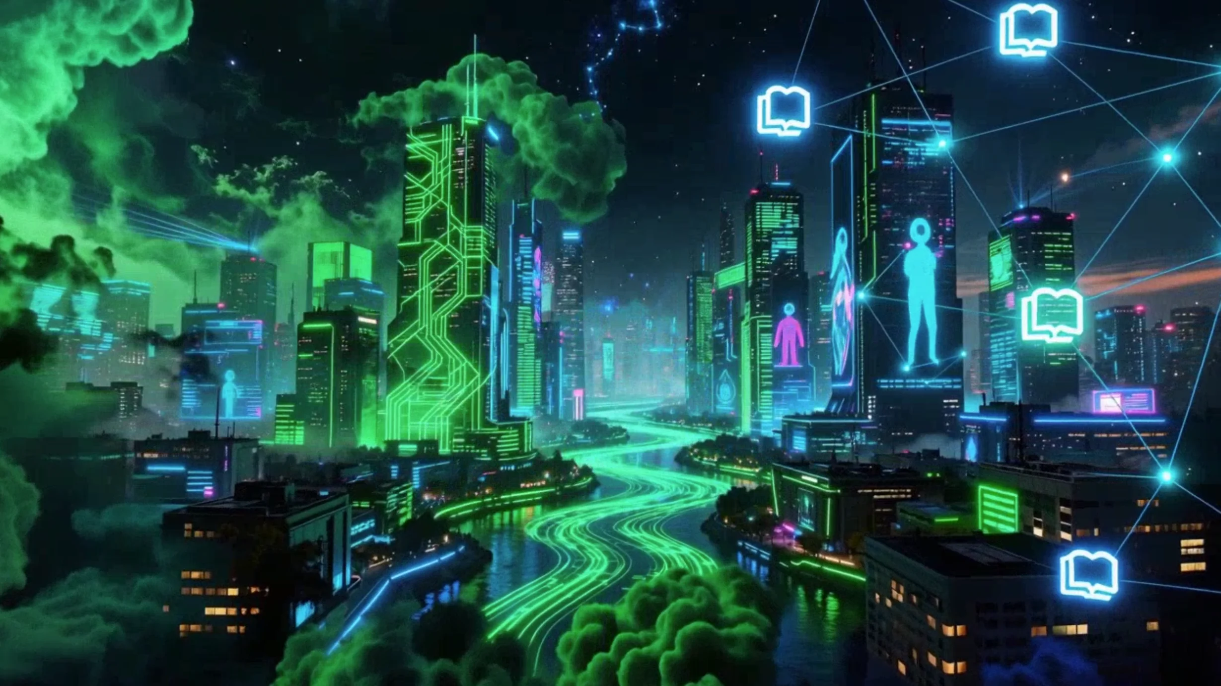 City with river at night