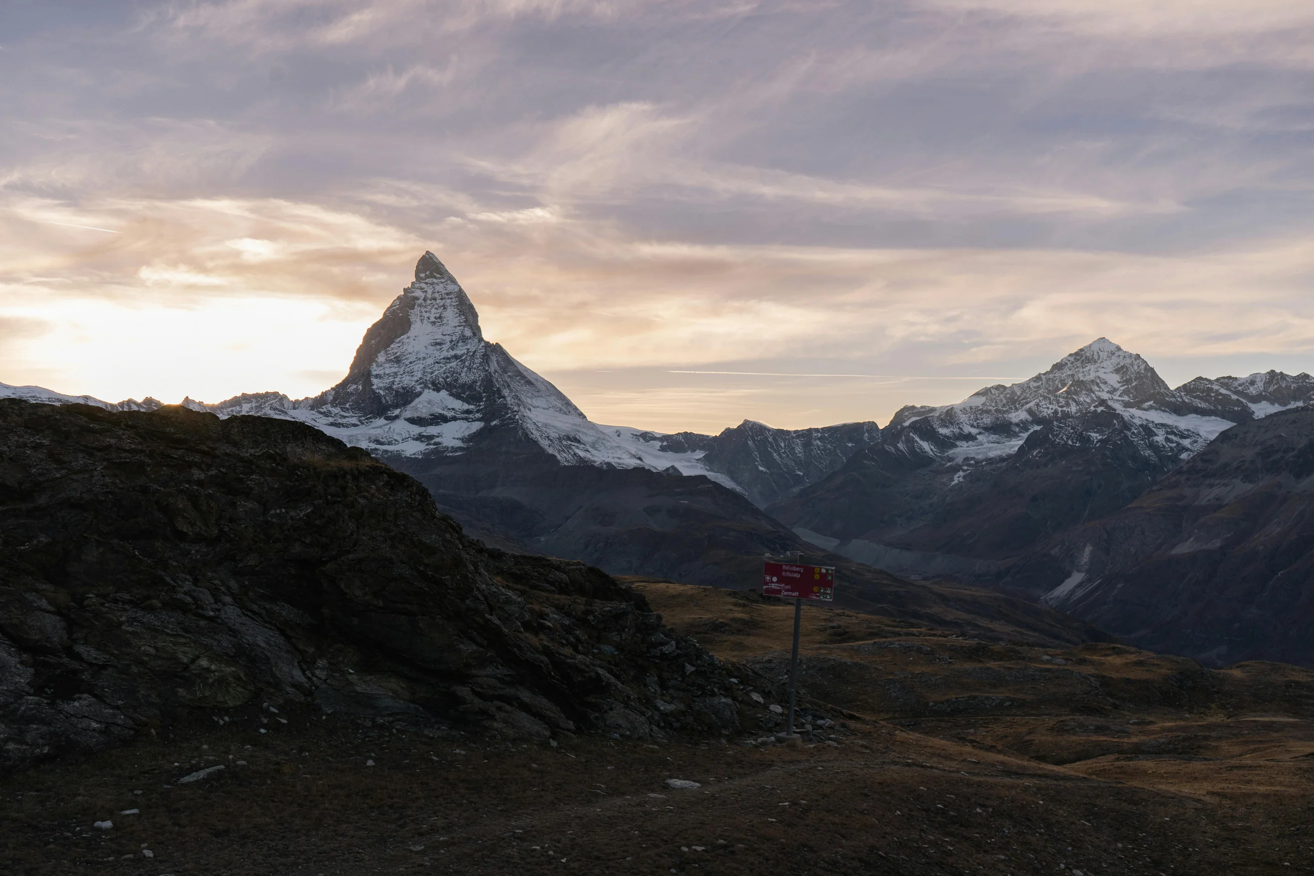 Stunning sunset view of the iconic Matterhorn peak in Zermatt, Switzerland.