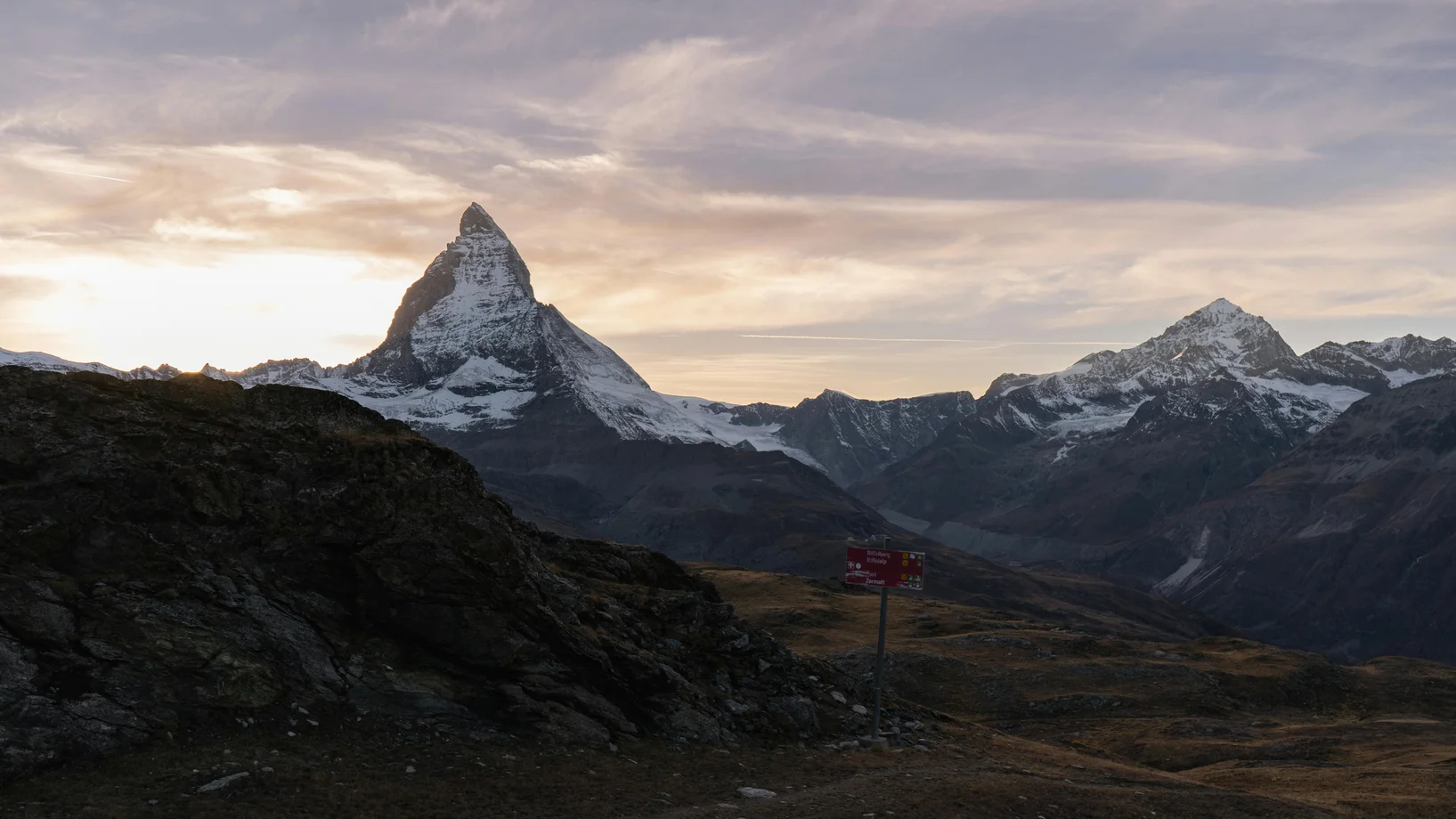 Stunning sunset view of the iconic Matterhorn peak in Zermatt, Switzerland.
